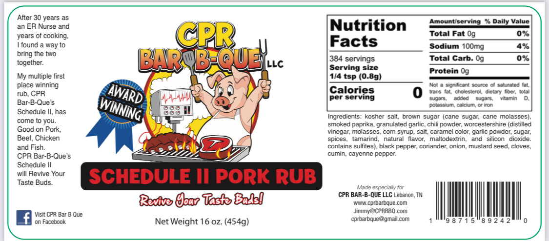 CPR BAR B-QUE SCHEDULE ll PORK RUB - 1 CASE of 12, 10oz Shakers