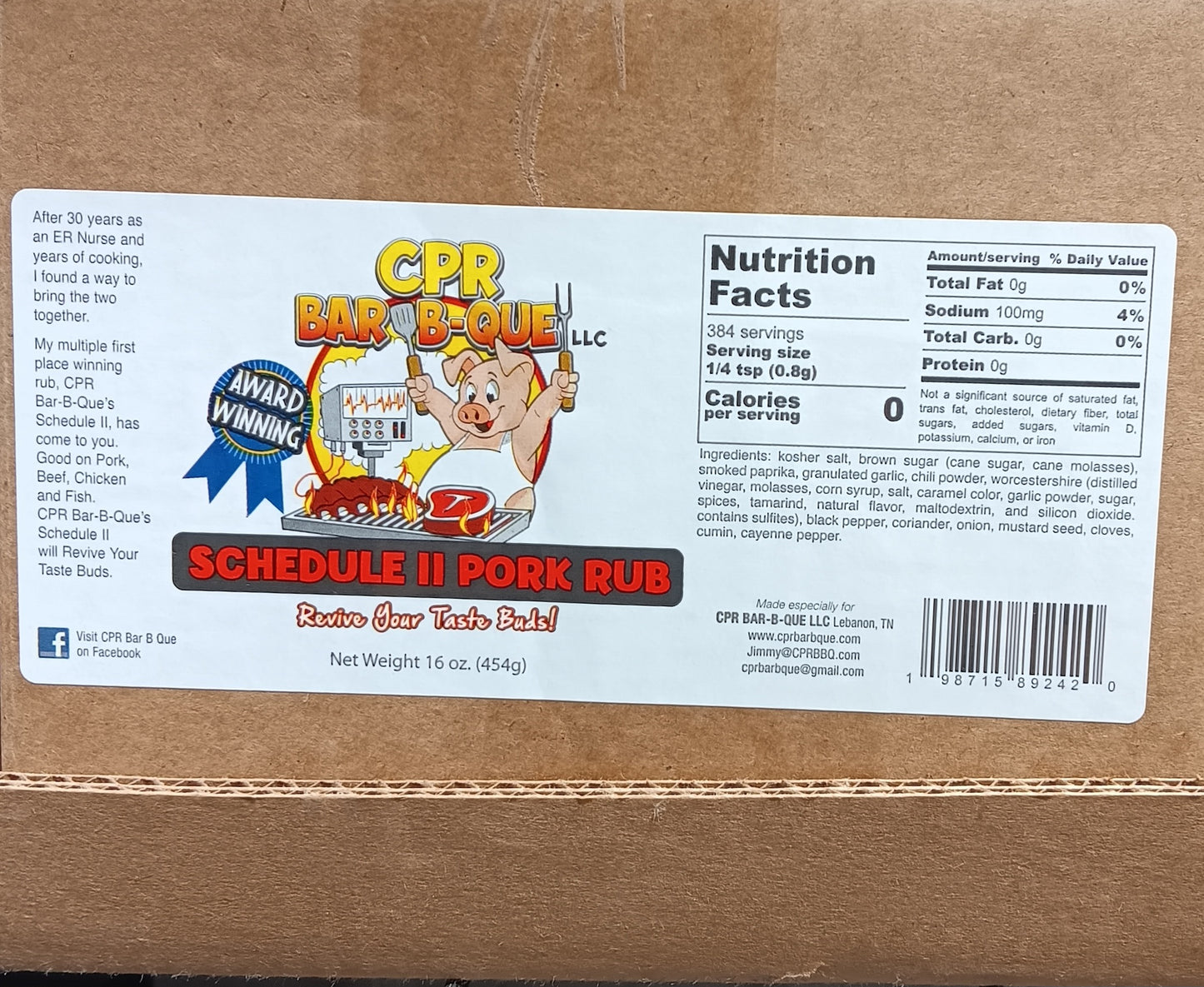 CPR BAR B-QUE SCHEDULE ll PORK RUB - 1 CASE of 12, 10oz Shakers